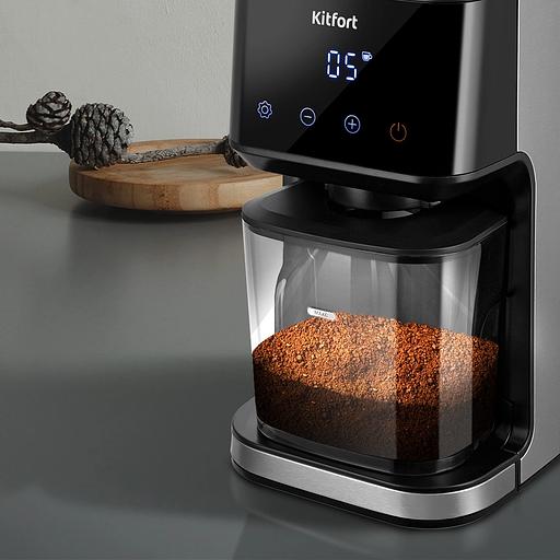 Кофемолка Kitfort КТ-7517 165Вт сист.помол.:жернова вместим.:275гр черный/серебристый фото 7