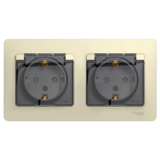 Розетка GLOSSA двойная с заземлением со шторками в сборе IP44 бежевый фото 1