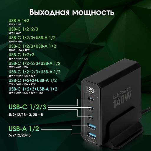 Настольное зар./устр. Digma Pro DPW10A 140W 5A (PD+QC) 3хUSB-C/2xUSB-A универсальное черный (DPW1A4G024BK) фото 6