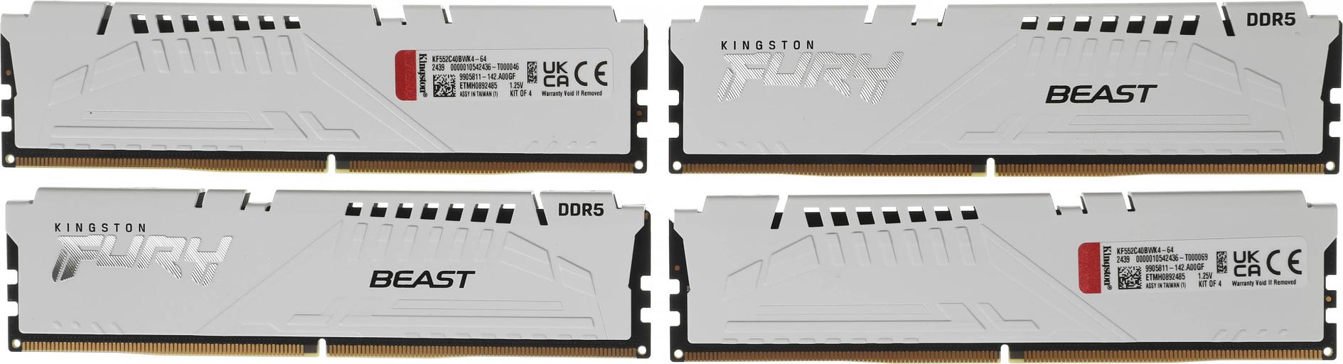 Память DDR5 4x16GB 5200MHz Kingston KF552C40BWK4-64 Fury Beast RTL Gaming PC5-41600 CL40 DIMM 288-pin 1.25В kit single rank с радиатором Ret фото 1