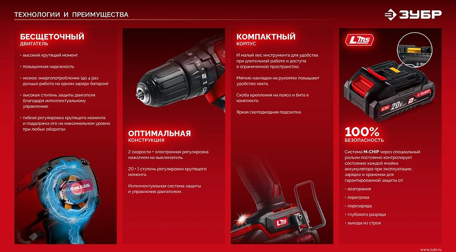 Бесщеточная ударная дрель-шуруповерт ЗУБР 20 В, 45 Н·м, 2 АКБ LMS (2 А·ч), сумка (ДБУ-45-22) фото 9