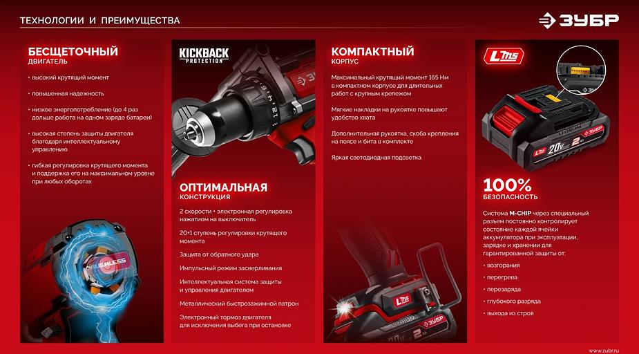 Бесщеточная ударная дрель-шуруповерт ЗУБР 20 В, 165 Н·м, 2 АКБ LMS (2 А·ч), сумка (ДБУ-165-22) фото 7