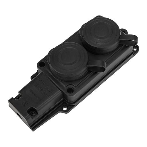 Розетка (колодка) штепсельная двухместная влагозащищенная 2P+PE 230V, 16 А, IP44 каучук, REXANT фото 1