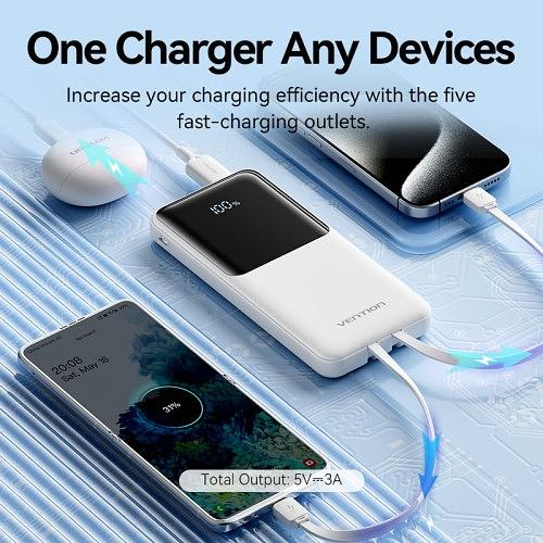 Power Bank Vention 10000mAh(Micro-USB/C/A/A) со встроенными кабелями 22.5W Белый с LED Дисплеем, шт. Vention FHOW0 фото 4