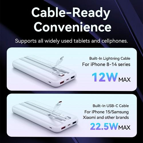 Power Bank Vention 10000mAh(Micro-USB/C/A/A) со встроенными кабелями 22.5W Белый с LED Дисплеем, шт. Vention FHOW0 фото 5