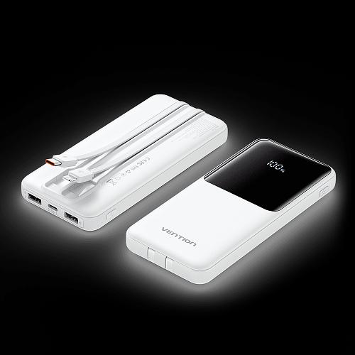 Power Bank Vention 10000mAh(Micro-USB/C/A/A) со встроенными кабелями 22.5W Белый с LED Дисплеем, шт. Vention FHOW0 фото 9