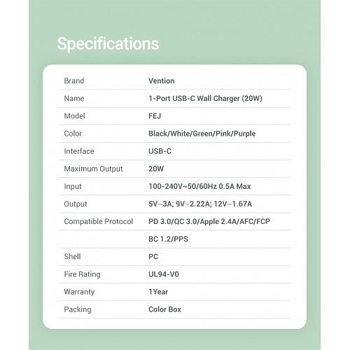 Сетевое зарядное устройство Vention на 1 порт USB С 20W Фиолетовый, шт. Vention FEJV0-EU фото 2