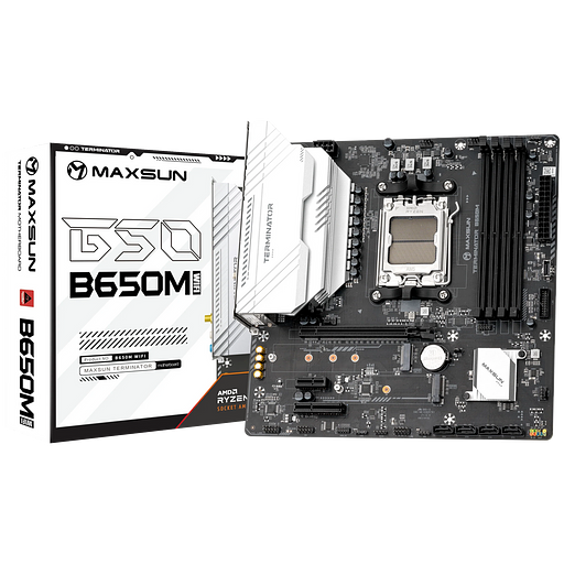 Материнская плата Maxsun MS-Terminator B650M WIFI6 B650, AM5, 4*DDR5, 1*PCIEx16, 1*PCIEx4, 1*PCIEx1, 2*M.2, 2*TypeC, 6*USB3.2Gen1, 6*USB2.0, 4*SATA3.0, 2.5G, DP, HDMI, M-ATX, RTL фото 1