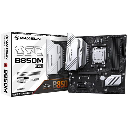 Материнская плата Maxsun MS-Terminator B850M WIFI B850, AM5, 4*DDR5, 1*PCIEx16, 1*PCIEx4, 1*PCIEx1, 2*M.2, 2*TypeC, 6*USB3.2Gen1, 6*USB2.0, 4*SATA3.0, 2.5G, DP, HDMI, M-ATX, RTL фото 1