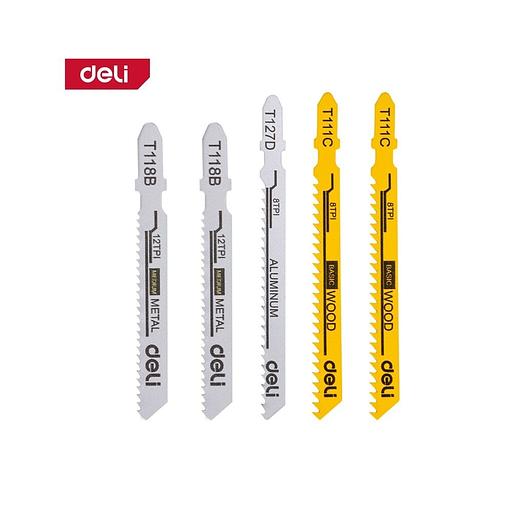 Набор Deli пилок для лобзика (5шт) универсальный DH-QJT005-EH1 (по металлу 12TPI - 2шт, по дереву 8TPI - 2шт, по аллюминию 12TPI - 1шт) фото 1