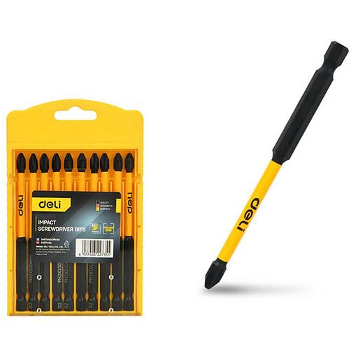 Набор торсионных бит для ударных шуруповертов 10шт Deli DL251150 PH2*150мм, сталь S2, пласт.кейс фото 1