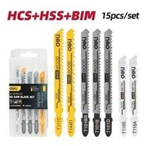 Набор пилок для электролобзика (15шт) универсальный Deli DH-QJT015-EH1 (по металлу 12TPI - 2шт + 21TPI - 2шт, по дереву 6TPI - 4шт + 8TPI - 2шт + 10TPI - 4шт, по алюминию 8TPI - 1шт) фото 1