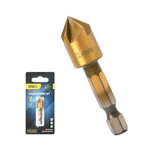 Зенковка конусная под М6 по металлу/дереву/пластику Deli DH-DJZ002-E1 12,4мм, сталь HSS, угол заточки 90град., шестигранный хвостовик фото 1