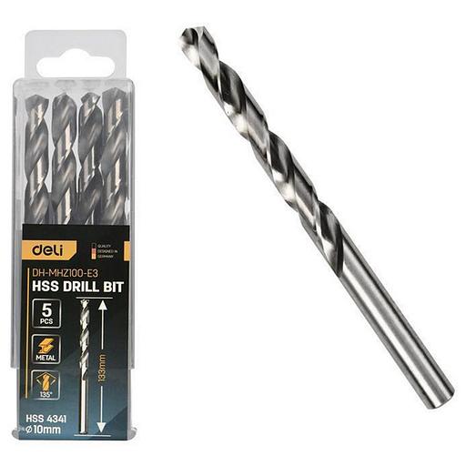 Набор сверл по металлу (10мм, 5 шт) Deli DH-MHZ100-E3 сталь HSS 4341, угол заточки 135 град, пласт. кейс фото 1