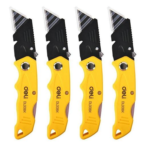 Набор (4 шт) строительных складных ножей с Т-образным лезвием Deli DL006K-4 в комплекте 10 лезвий, сталь SK5, пластиковая рукоятка фото 1