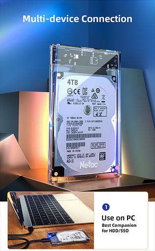 Внешний корпус для HDD/SSD Netac NT07WH11-30CC 2.5 SATA --> USB3.0, скользящая прозрачная крышка, USB3.0 C --> C кабель фото 6