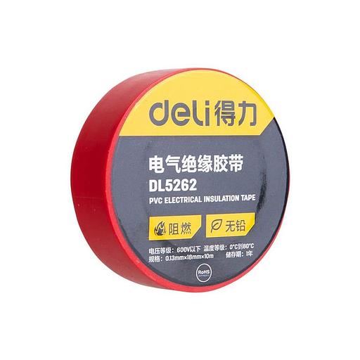 Изолента Deli DL5262 красная, 0,13мм х 18мм х 9,15м, напряжение до 600В, температурный диапазон 0-80 грд., ПВХ фото 1