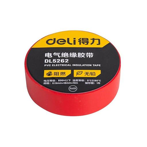 Изолента Deli DL5262 красная, 0,13мм х 18мм х 9,15м, напряжение до 600В, температурный диапазон 0-80 грд., ПВХ фото 2