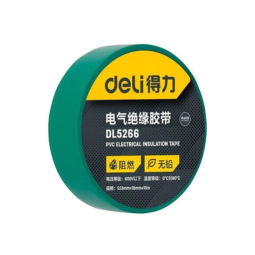 Изолента Deli DL5266 зеленая, 0,13мм х 18мм х 9,15м, напряжение до 600В, температурный диапазон 0-80 грд., ПВХ фото 1