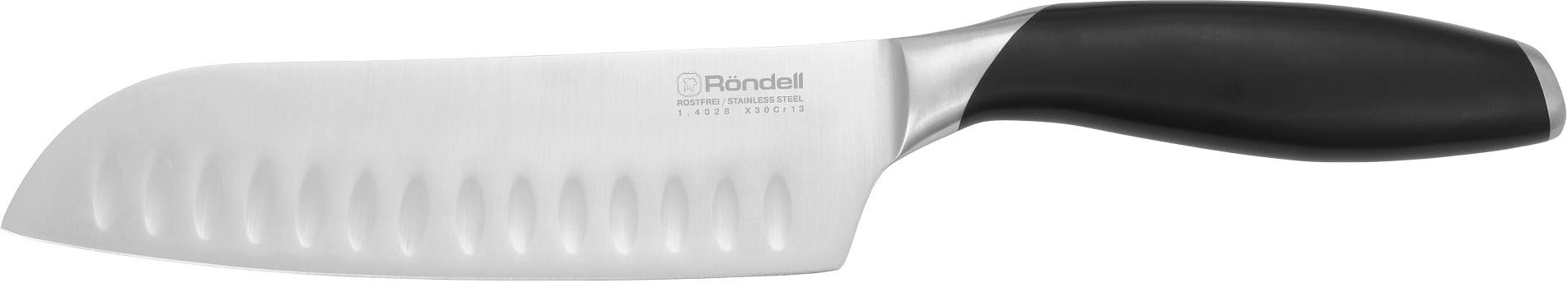 Нож кухонный Rondell Gasta RD-1866 стальной сантоку для измельчения лезв.178мм прямая заточка черный блистер фото 1