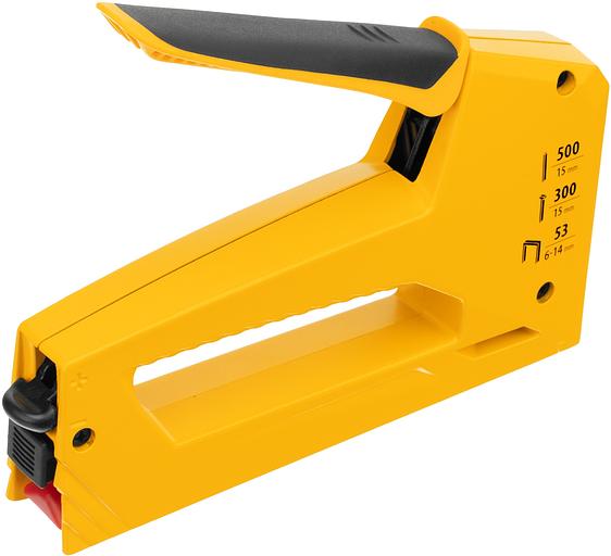 Степлер ручной Denzel 40214 скобы тип 53: 6-14мм гвозди тип 300 / 500 фото 4