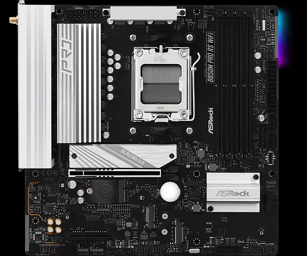 Материнская плата ASROCK B850M PRO RS WIFI, AM5, B850, 4*DDR5, 4*SATA, 3*M.2, 4*USB 2.0, 3*USB 3.2, Type-C, 2*PCIx16, 1*M.2 (Key E), HDMI+DP, mATX фото 2