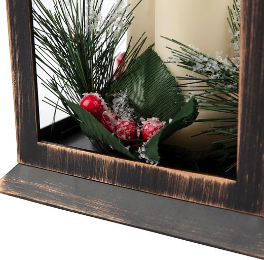 Декоративный фонарь со свечкой и шишкой, бронзовый корпус, размер 14x14x27 см, цвет теплый белый фото 7