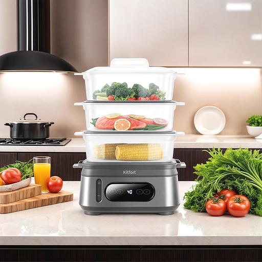 Пароварка Kitfort КТ-6280 3ярус. 1050Вт серый/серебристый фото 7