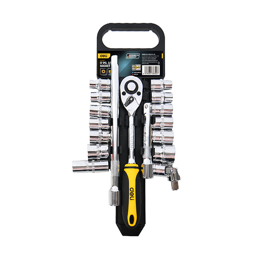 Набор торцевых головок и удлинителей с трещоткой 17 предметов Deli DL2017T 1/2" (13 торцевых головок 10-24 мм, трещотка 45 зубьев, сталь 50BV30) фото 1