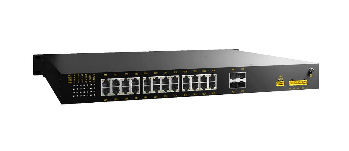 Коммутатор 2 уровня с 4 слотами 1000Base-X SFP, 24 портами 10/100/1000Base-T(X) PoE (разъем RJ45), два входа питания 220 В перем. фото 1