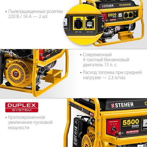 STEHER 5500 Вт, бензиновый генератор с электростартером (GS-6500E) фото 6