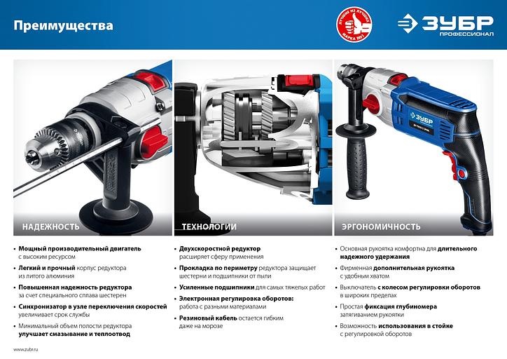 ЗУБР 850 Вт, 13 мм, 2 скорости, ударная дрель, мет. корпус, Профессионал (ДУ-П850 ЭРМ) фото 10