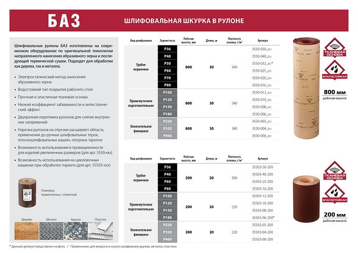 БАЗ 20-H (Р70), 800 мм, 30 м, водостойкий, шлифовальный рулон на тканевой основе (3550-020) фото 2