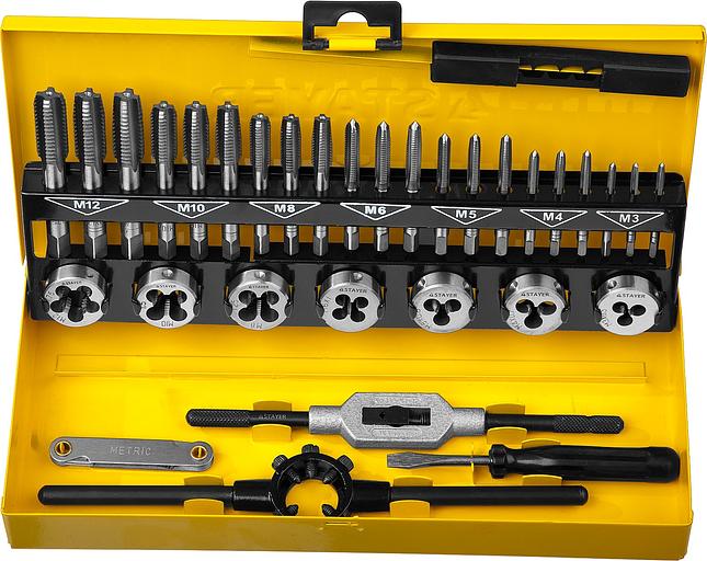 STAYER MaXCut, 32 предмета, легированная сталь, набор комплектных метчиков и плашек (28014-H32) фото 1