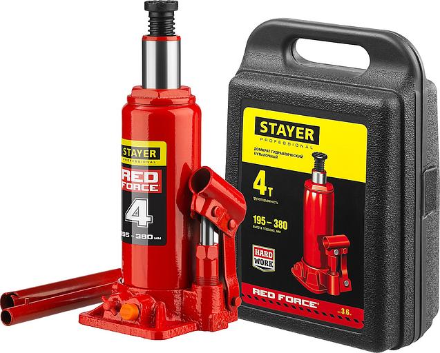 STAYER RED FORCE, в кейсе, 4 т, 195 - 380 мм, бутылочный гидравлический домкрат, Professional (43160-4-K) фото 1