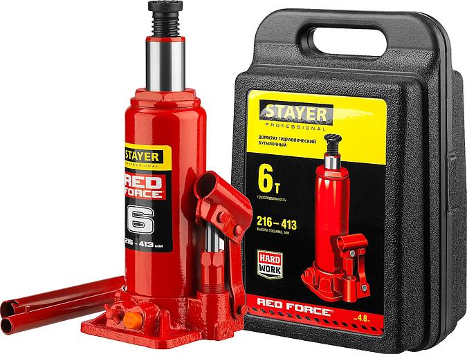 STAYER RED FORCE, в кейсе, 6 т, 216 - 413 мм, бутылочный гидравлический домкрат, Professional (43160-6-K) фото 1