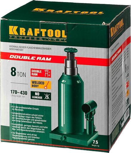 KRAFTOOL DOUBLE RAM, 8 т, 170 - 430 мм, с увеличенным подъемом, двухштоковый бутылочный домкрат (43463-8) фото 10