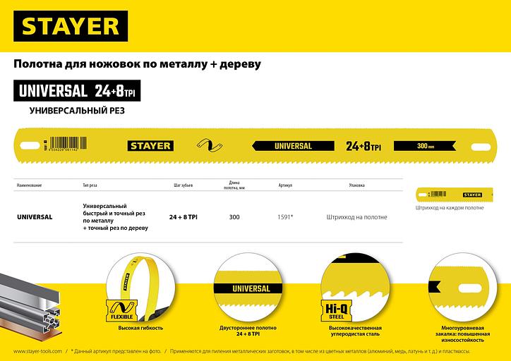 STAYER Universal, 8 + 24 TPI, 25 х 300 мм, 1 шт, коробка 50 шт, универсальное двустороннее широкое полотно по дереву и металлу (1591) фото 7