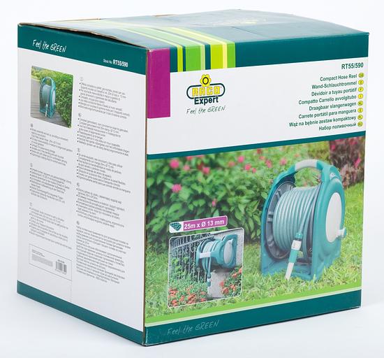 RACO корпус из высокопрочного пластика, шланг 25 м х 1/2″, поливочный набор 4 предмета, катушка со шлангом в комплекте (4260-55/590) фото 2