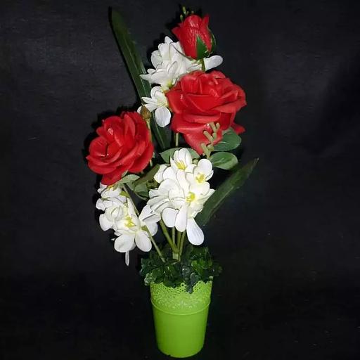 Букет интерьерных цветов красные с белыми в кашпо 45см фото 2