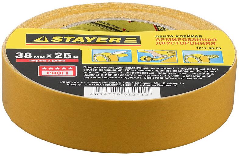 STAYER 38 мм, 25 м, на тканевой основе, двухсторонняя клейкая лента, Professional (1217-38-25) фото 1