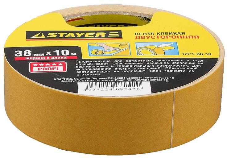 STAYER 38 мм, 10 м, на полипропиленовой основе, двухсторонняя клейкая лента (1221-38-10) фото 1