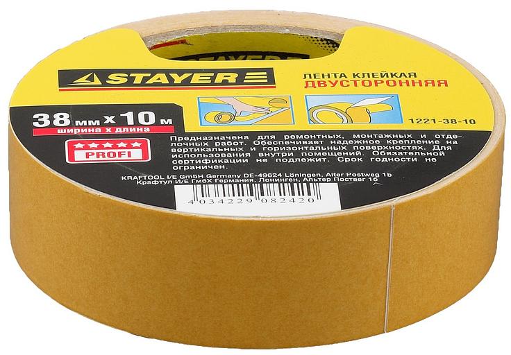 STAYER 38 мм, 10 м, на полипропиленовой основе, двухсторонняя клейкая лента (1221-38-10) фото 2