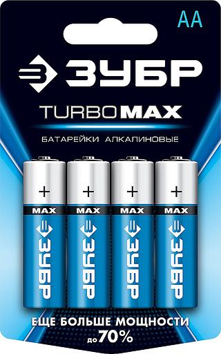 ЗУБР TURBO-MAX, АА х 4, 1.5 В, алкалиновая батарейка (59206-4C) фото 1