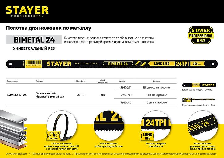 STAYER Bimetal-24, 24 TPI, 300 мм, 1 шт, биметаллическое полотно по металлу, Professional (15932-24) фото 5