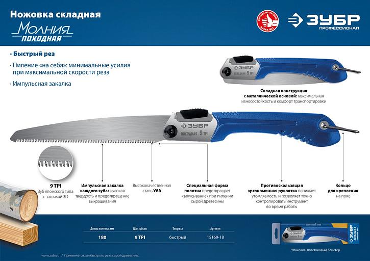 ЗУБР Походная 9, 205 мм, ножовка для быстрого реза сырой древесины, Профессионал (15169-18) фото 9