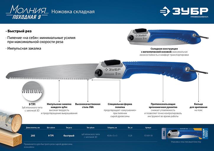 ЗУБР Походная 9, 205 мм, ножовка для быстрого реза сырой древесины, Профессионал (15169-18) фото 10