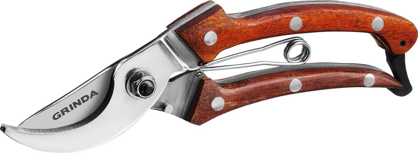 GRINDA P-17, 195 мм, из нержавеющей стали, с деревянными рукоятками, цельнокованый компактный плоскостной секатор, PROLine (423417) фото 5