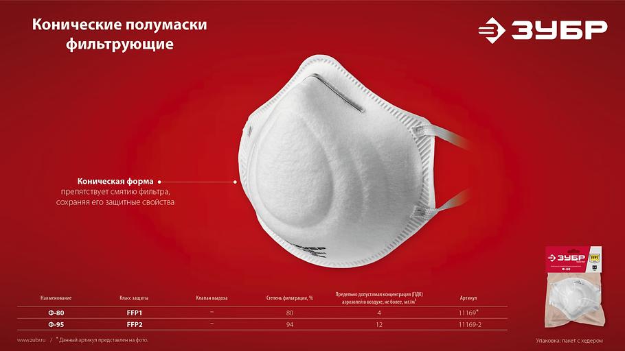 ЗУБР Ф-80, класс защиты FFP1, коническая, фильтрующая полумаска (11169) фото 9