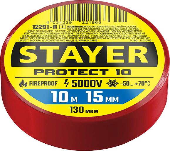 STAYER PROTECT-10, 15 мм х 10 м, 5 000 В, красная, изолента ПВХ, Professional (12291-R) фото 1